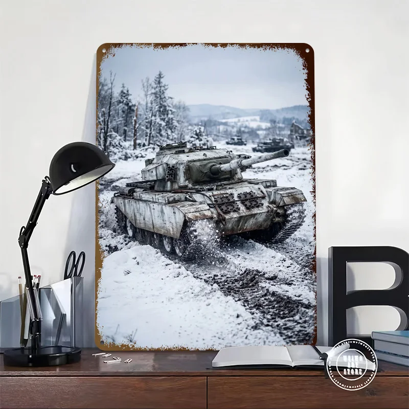 Tank in Snowy Landscape Poster Retro 3D Printed Metal Signs Customized Wall Hanging Gift for Interior Decoration Living Room