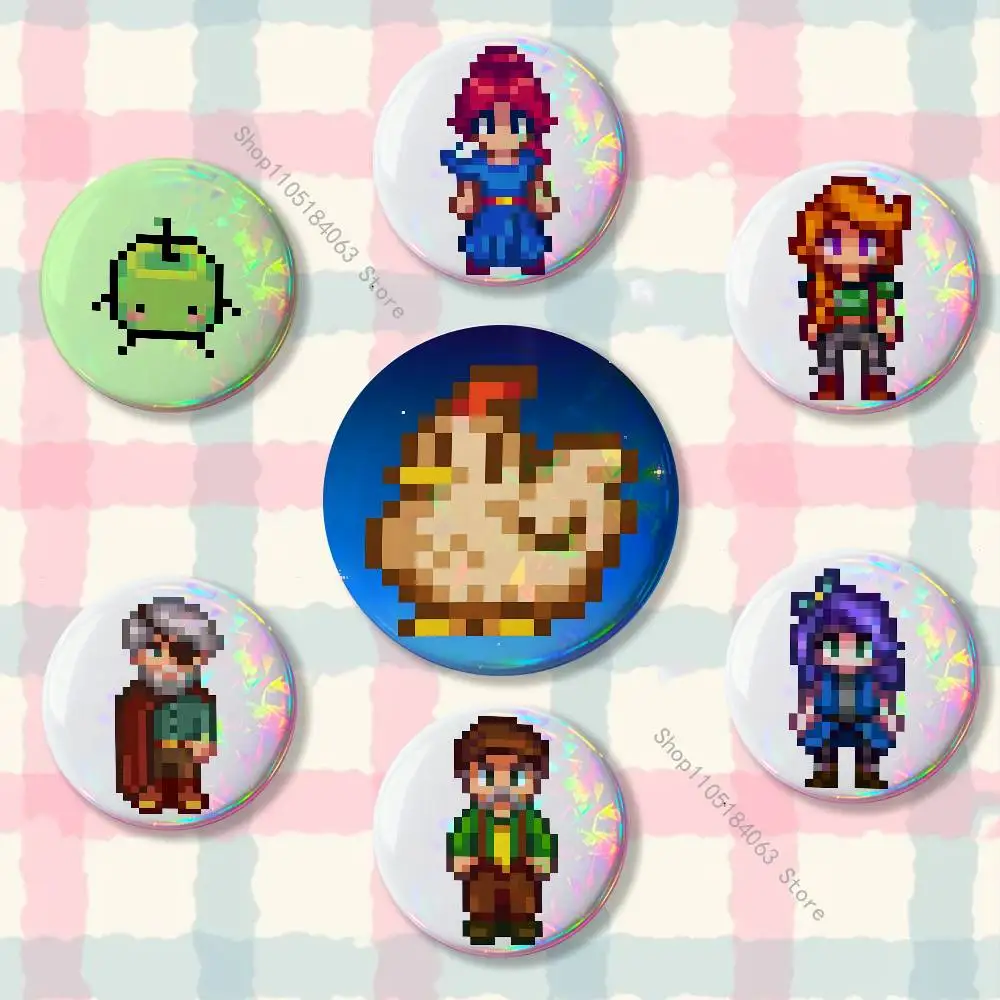 

Game S-Stardew Valley Reflective Pin Tinplate Round Brooch Cartoon Cosplay Badges for Bag Hat Toys Gifts
