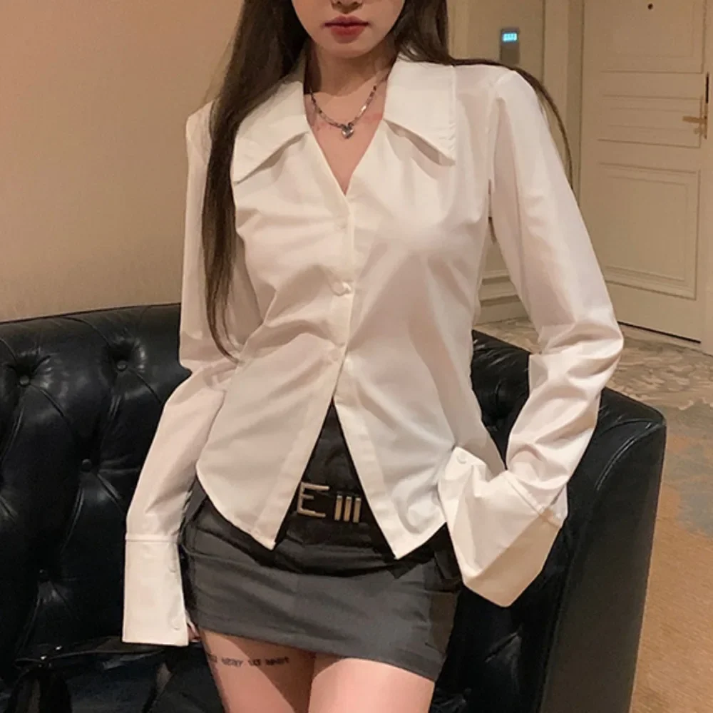 Shirts Women Simple Office Lady V-neck Fitness Mature Temperament Long Sleeve Turn-down Collar Spring Korean Style Slim Waist