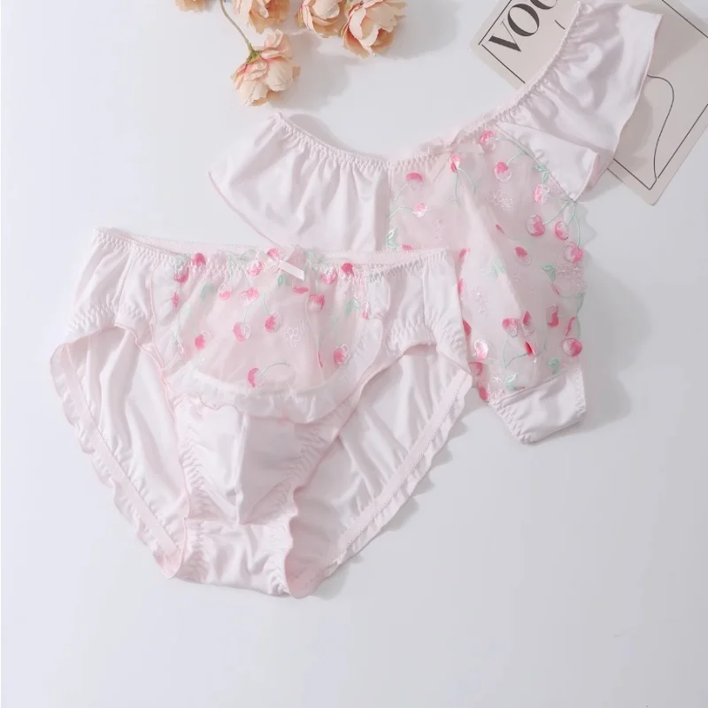 Japanese Style Cute Sissy Men Breifs Knickers Sweety Lovely Cross-dressing Boy Lace Bow Thong Panties Soft Convex Pouch T-back