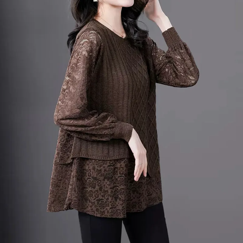 Chemisier faux col rond pour femme, chemise surdimensionnée en dentelle, à la mode, Patchwork, ourlet irrégulier, haute qualité, automne 2022, 2 pièces
