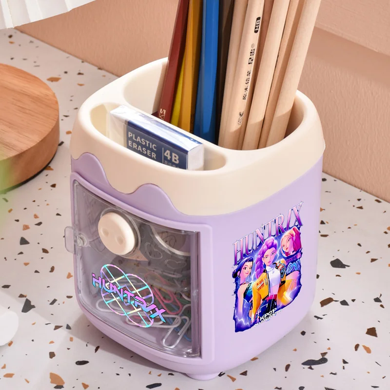Kpop Demon Hunters Pencil Holder Desktop Square Pen Pot with Drawer Office Student Supplies Anime Pens Container Organiser Gifts