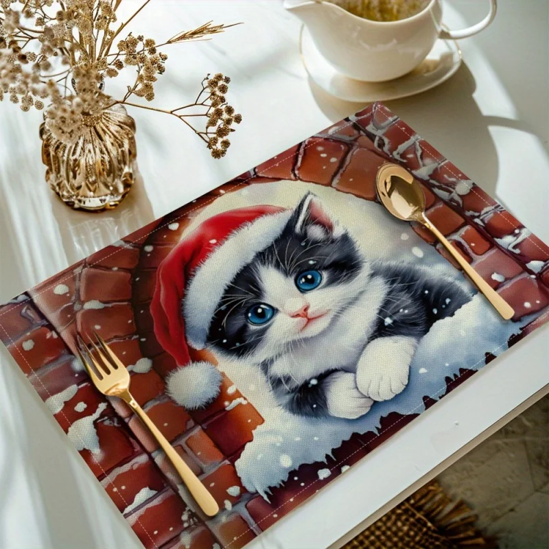 Santa Hat Kitten Placemats, Brick Wall Snow Scene Printed Linen Table Mats, Winter Xmas Table Decor