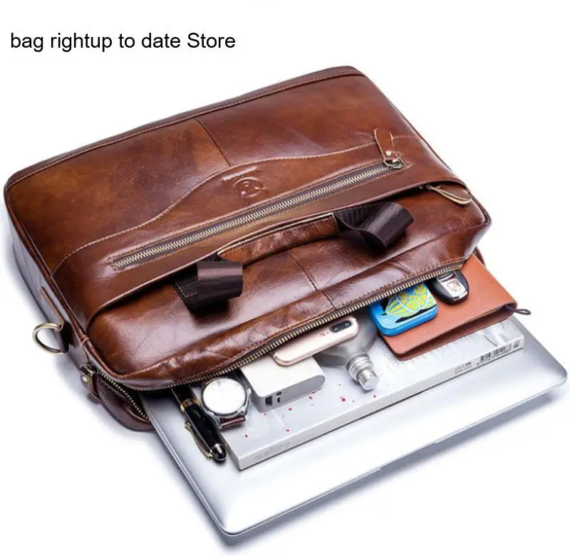 Genuine Leather Pure Color Business Large Capacity Shoulder Crossbody Laptop Bag Men