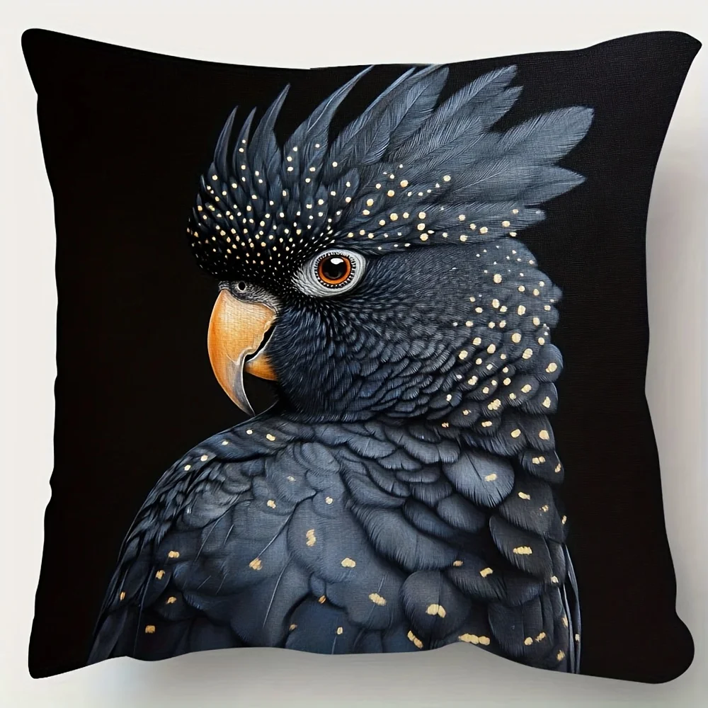 Vibrant Black Parrot Double-Sided Pillowcase, Golden Highlights Bird Pattern Cushion Cover with Zipper, Washable Decor Case