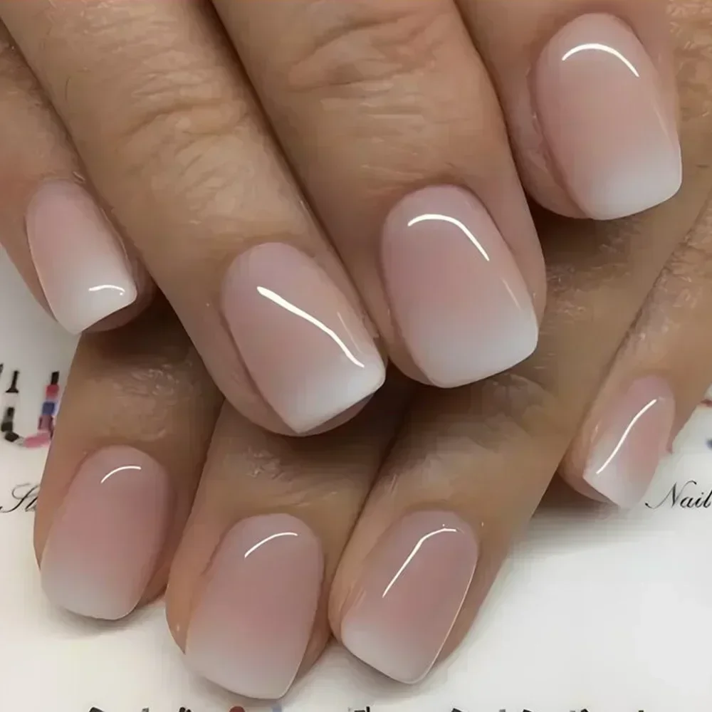 24Pcs Short False Nails French Gradient Pink Fake Nails Almond Press on Nails Coffin Full Cover Nail Tips Detachable Manicures
