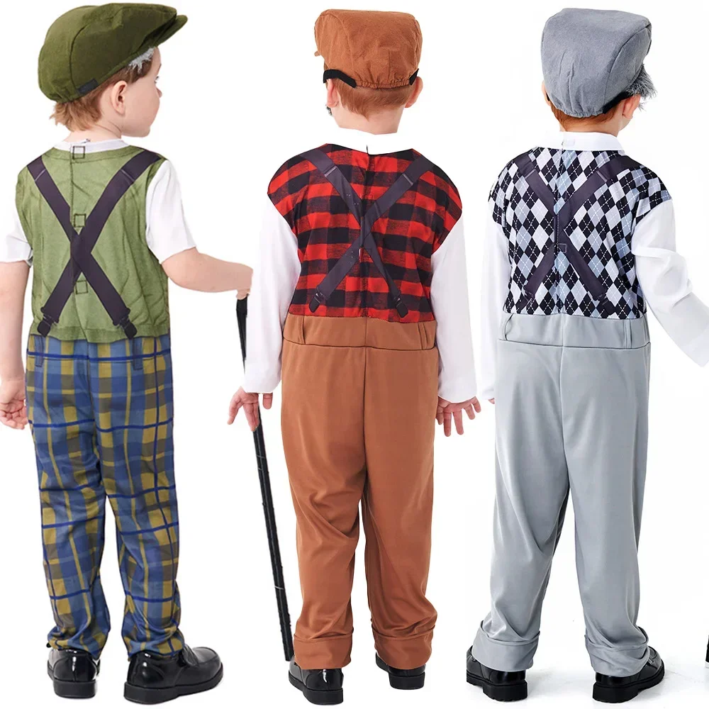 Beard Centenarian Halloween Cosplay Costume for Boy Plaid Jumpsuit With Hat Glasses Suit Kids Children Day Show Grandpa Costume