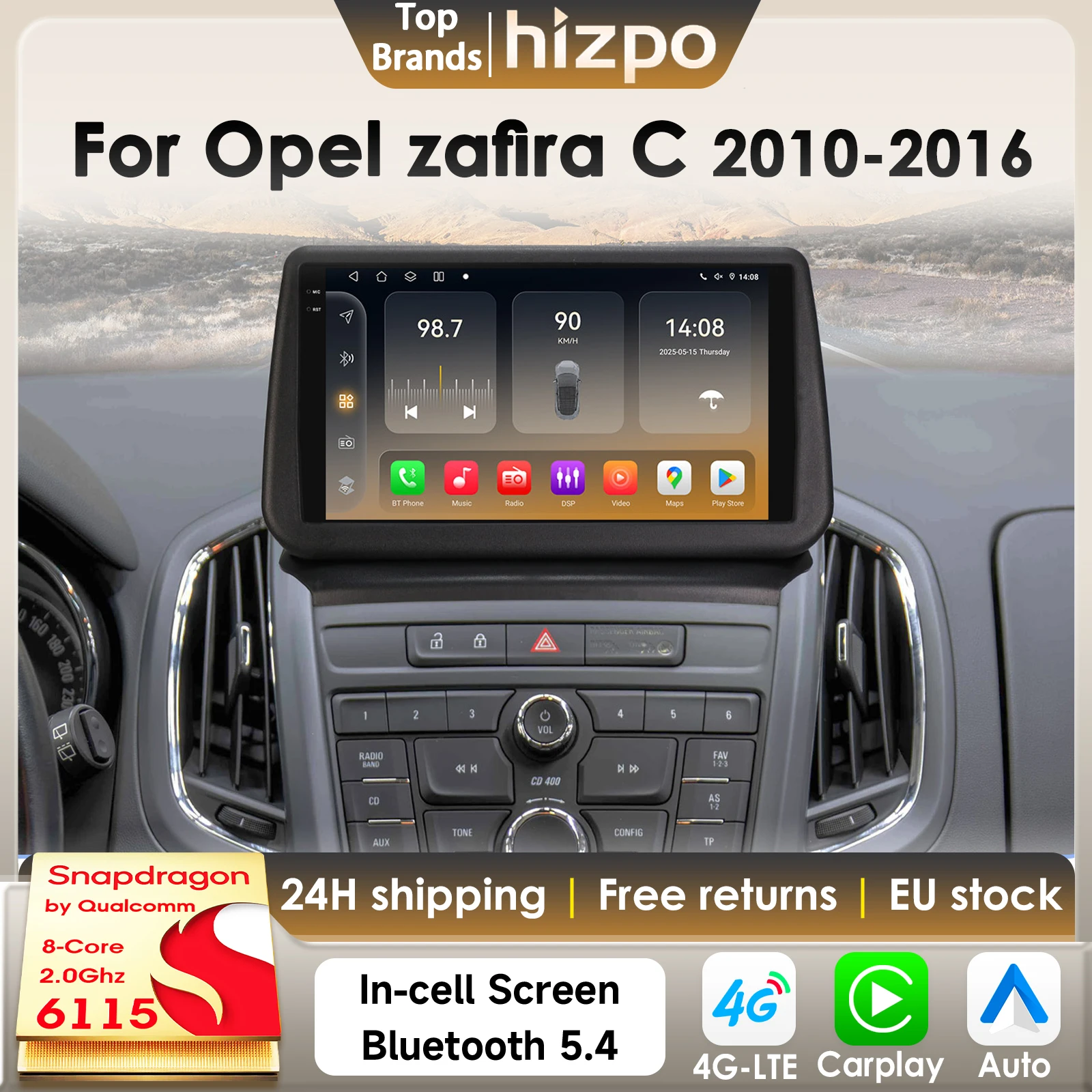Radio samochodowe Hizpo 8Core 2Din AI Android 14 do Opel Zafira C 2010-2016, multimedialny odtwarzacz samochodowy GPS 4G Carplay z kamerą 360, na procesorze Snapdragon 6115