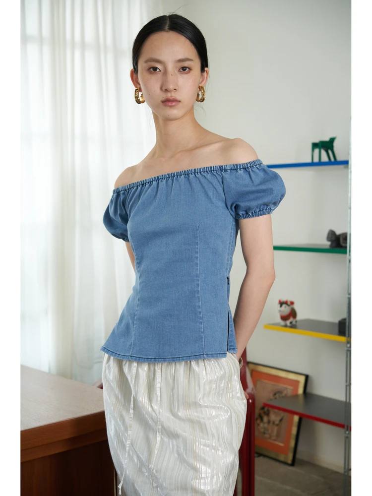 

Женская футболка ENK Slim Fit с одним открытым плечом, эластичная, джинсовая, летняя, однотонная, с коротким рукавом-фонариком