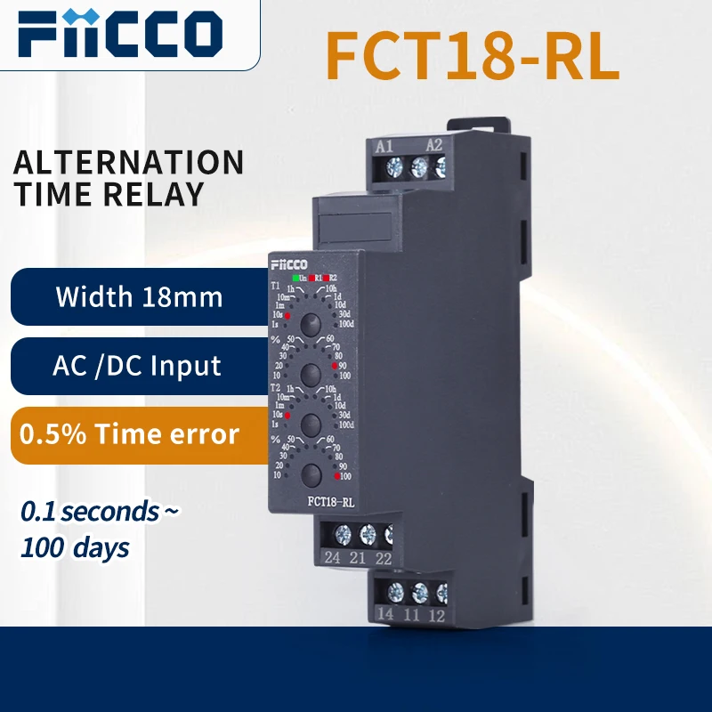 

Fiicco FCT18-RL 18mm Din Rail Type slim ACDC12-240V Alternation Off-delay Timer Relay for HVAC, Control Panels, Pump Controls