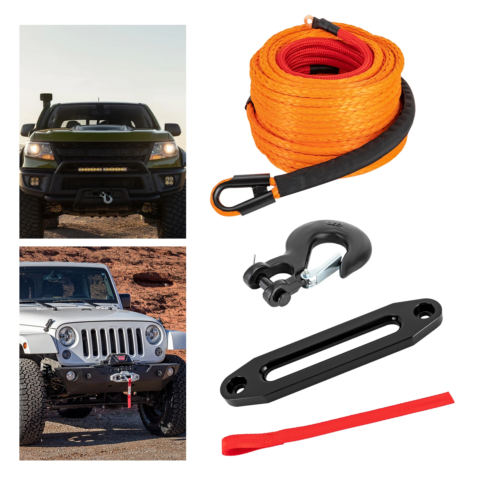 

23809Ibs Winch Line Cable Rope Synthetic Winch Rope Winch Hook Fairleads for 4WD Off Road Vehicle ATV UTV SUV Orange