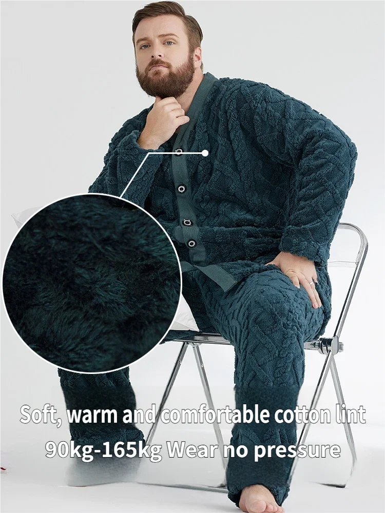 Plus Size Men Winter Fleece Pajamas Set Double-Sided Plush Thick Warm V-Neck Sleepwear Loungewear for Big & Tall 180-330 lbs