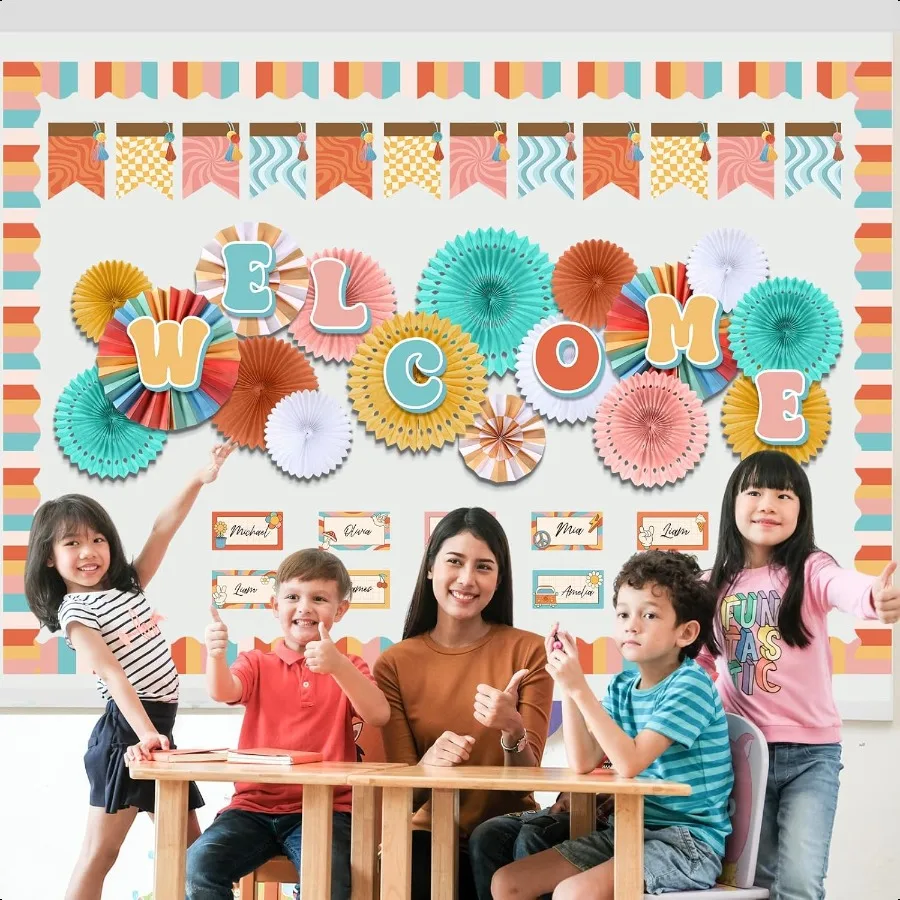 مجموعات لوحة الإعلانات الترحيبية، لافتة ترحيب للعودة في الفصل الدراسي، لوحة الإعلانات، لوحة اسم، قطع مراوح الورق، لافتة للعودة إلى Sc #5