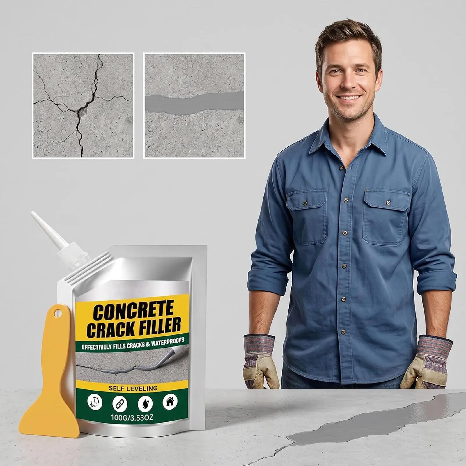100g Waterproof Concrete Crack Filler Strong Bond Self-Leveling Joint Repair For Indoor & Outdoor Wall, Floor & Roof