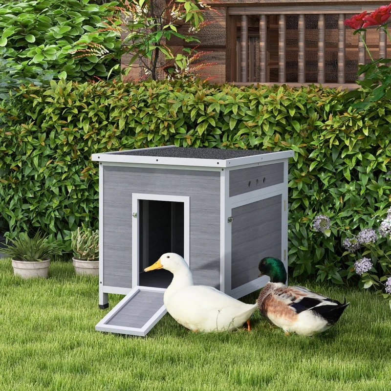 Nichoir pour canards avec porte latérale, trous de ventilation et toit en asphalte imperméable, 63 x 82 x 76 cm, gris clair - Poulailler en bois de sapin pour 2 à 4 canards, oies ou lapins, avec dessus à charnières et plateau amovible pour un nettoyage facile
