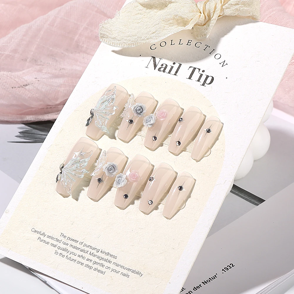 10PC Handmade Ice Transparent Blue Butterfly Press on Nails Elegant Grey Foral False Nail Tips with 24pcs glue tape Summer Nails