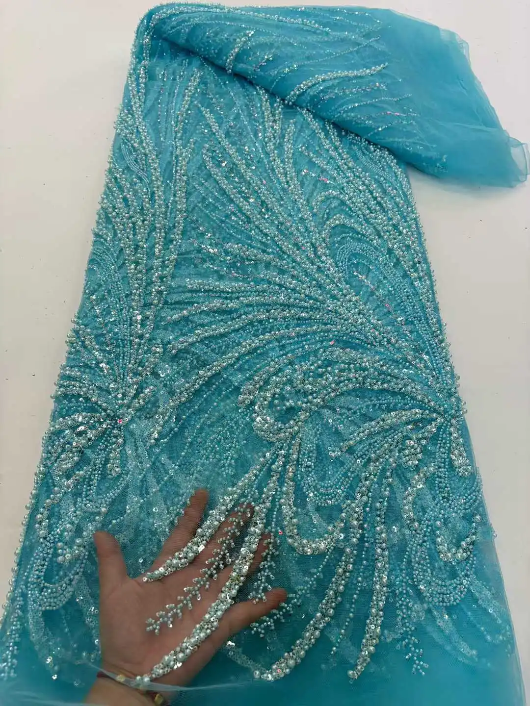 Tela de encaje con cuentas pesadas africanas, Material nupcial 2025, encaje de tul de lentejuelas francesas de alta calidad para vestido de fiesta de boda S1692