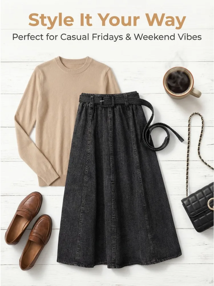 Skirts Womens Oversized Elastic High Waist Pleated Casual Long Skirts All-match A Line Jeans Skirts Office Lady
