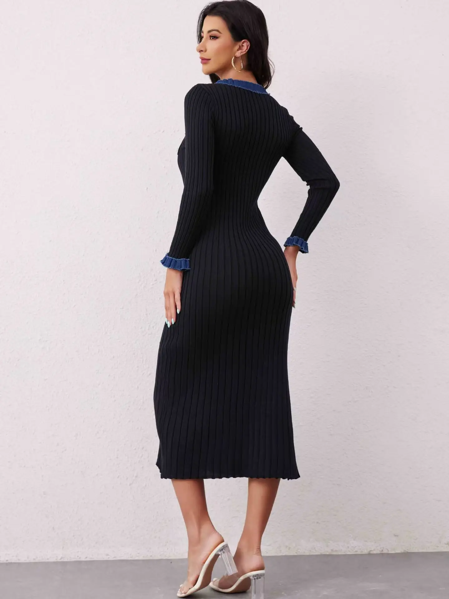 New Waist-Cinching Slim Fit Inner Wear Long Dr Knitted Sweater Dr High Waist A-Line Skirt Long Sve round Ne Dr