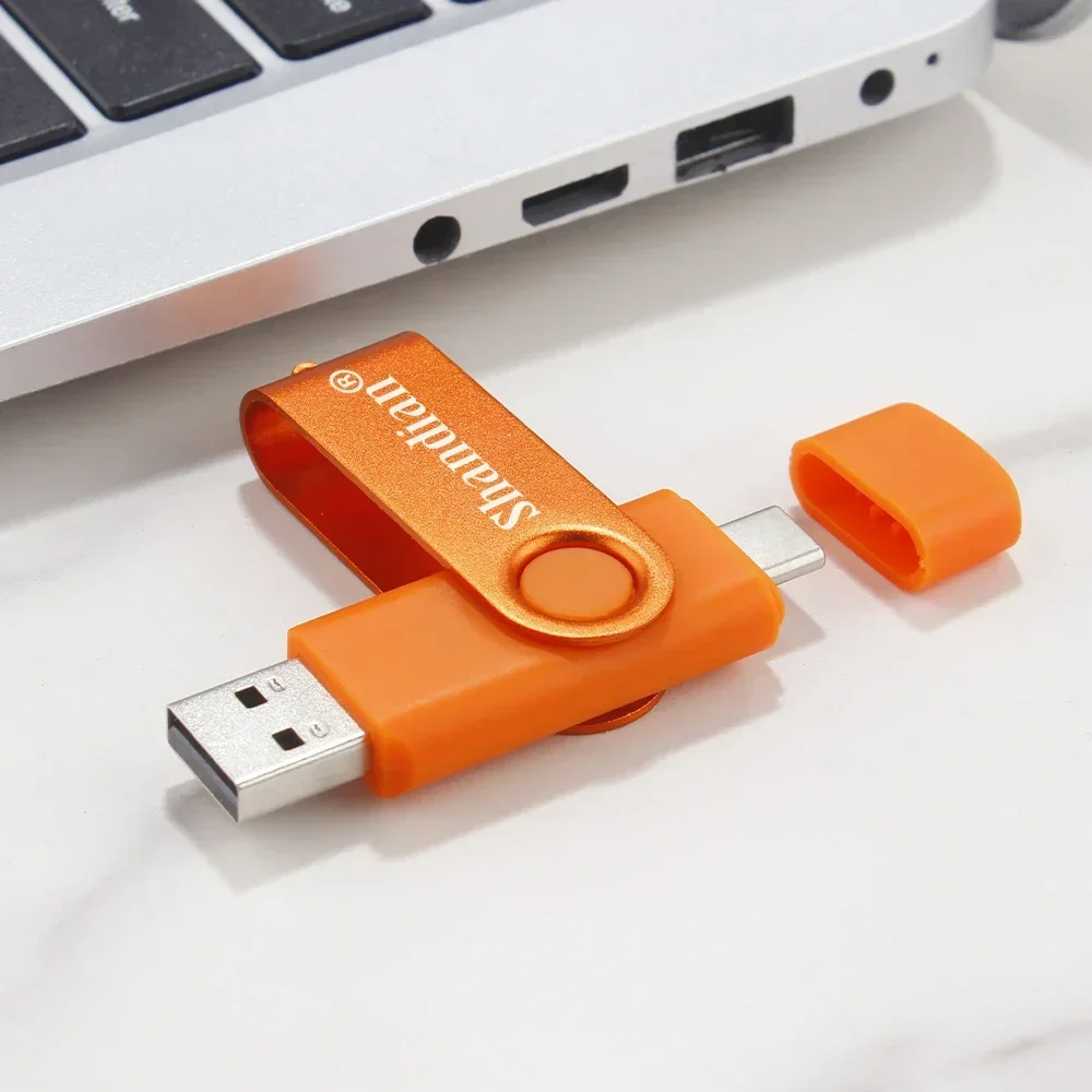 Laranja TYPE-C 2 em 1 USB 2.0 Flash Drives 128GB Pen drive 4GB 32GB U disk 64GB Memory stick de alta velocidade com chaveiro à prova d\'água