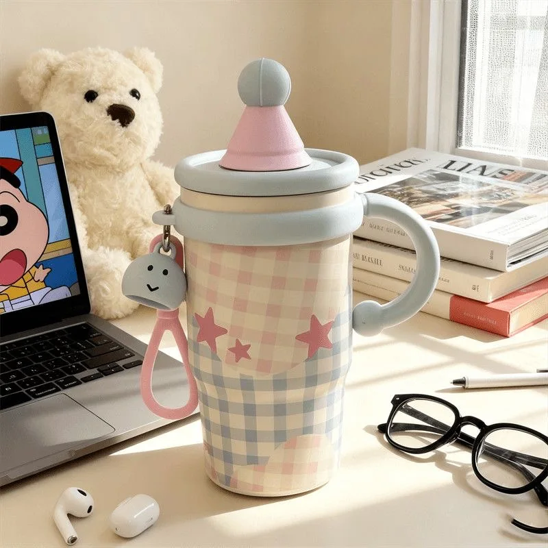

Kawaii Star Thermal Mug Large Insulated Coffee Tumbler Cute Portable Stainless Steel Thermos Bottle With Straw For Car Office