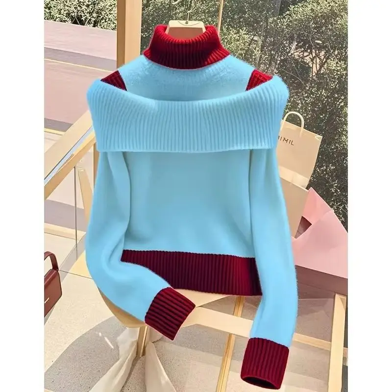 

New 2025 Autumn Winter Stitching Sweater Women Contrast Color Knitted Sweater Ladies Casual Wild Sweater Female Pullovers Tops