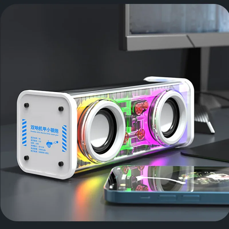 New V8 Transparent Mecha Music Speakers Bluetooth 5.0 Wireless Bass Diaphragm Subwoofer TWS RGB Light Mini Party Loudspeaker