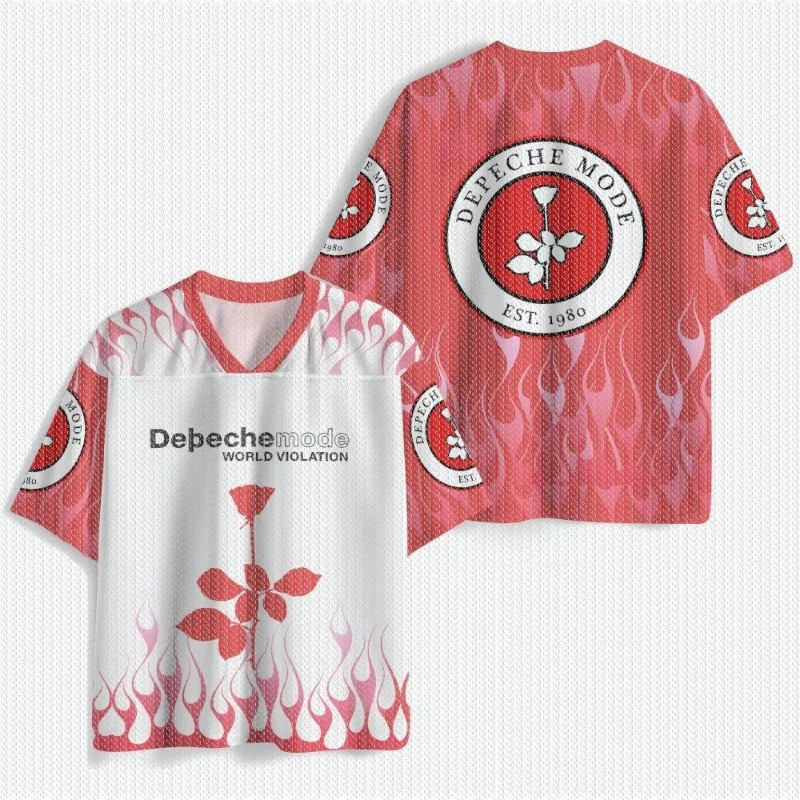 V Neck White Red Flame Mesh Jersey T Shirt Rose Circle Logo Print Front Back Sleeve Casual Retro Streetwear Top