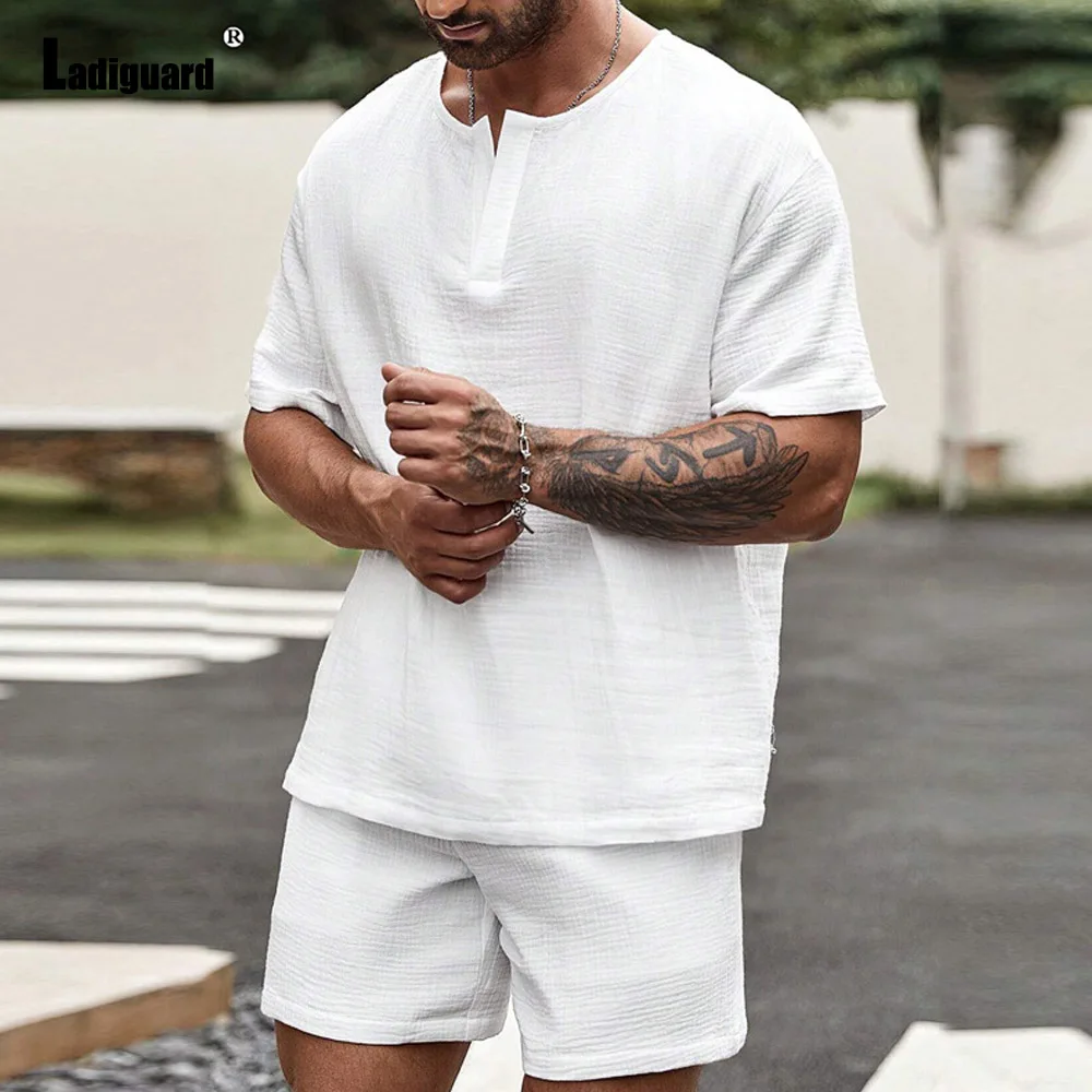 Men Casual Beach Two Piece Sets 2024 Short Sleeve Tops Blouse and Elastic Waist Shorts Suit White Thin Soft Tracksuits Set Male