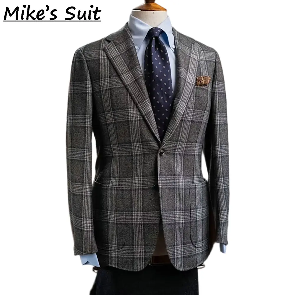 Men Two Buttons Notch Lapel Sports Suit, Grey Glen Check Wool Tweed Fabric, Country Wedding Casual Suits