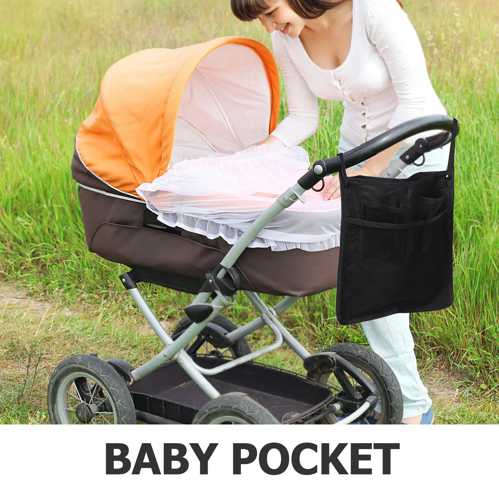 Borsa organizer per passeggino nera, facile installazione, portaoggetti per pannolini in rete, cestino posteriore per passeggino, accessori per passeggino