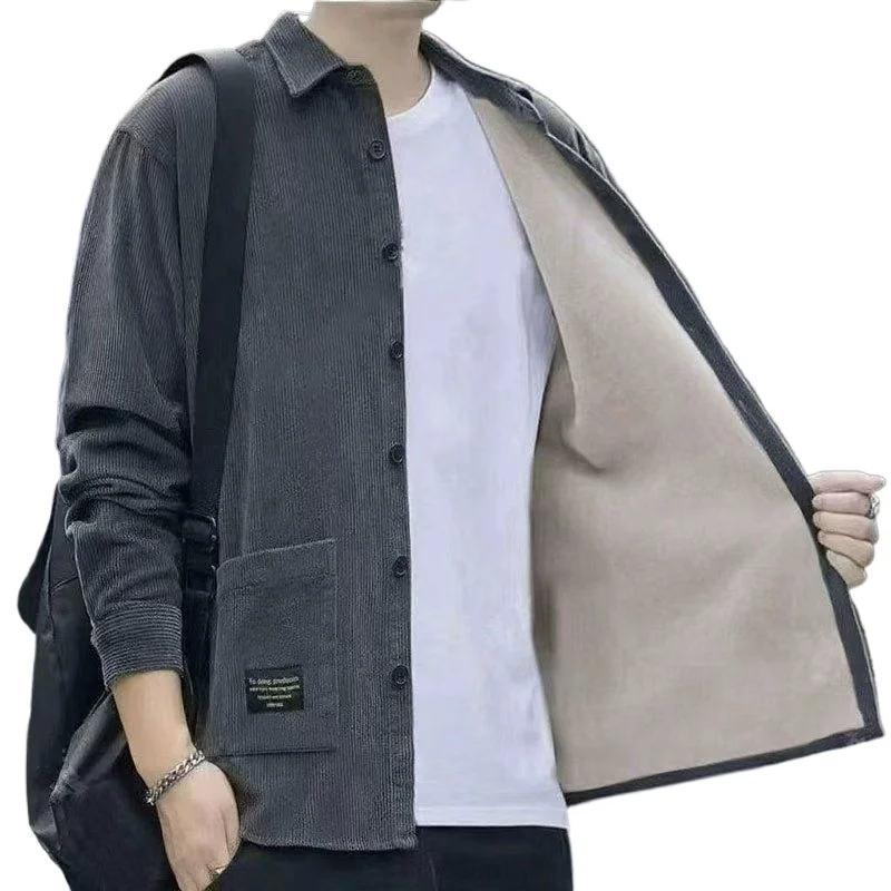 Men's Corduroy Textured Shirts Warm Daily Casual Long Sleeve Button Lapel Tops Thick Fleece Lining Thermal High Quality Coat