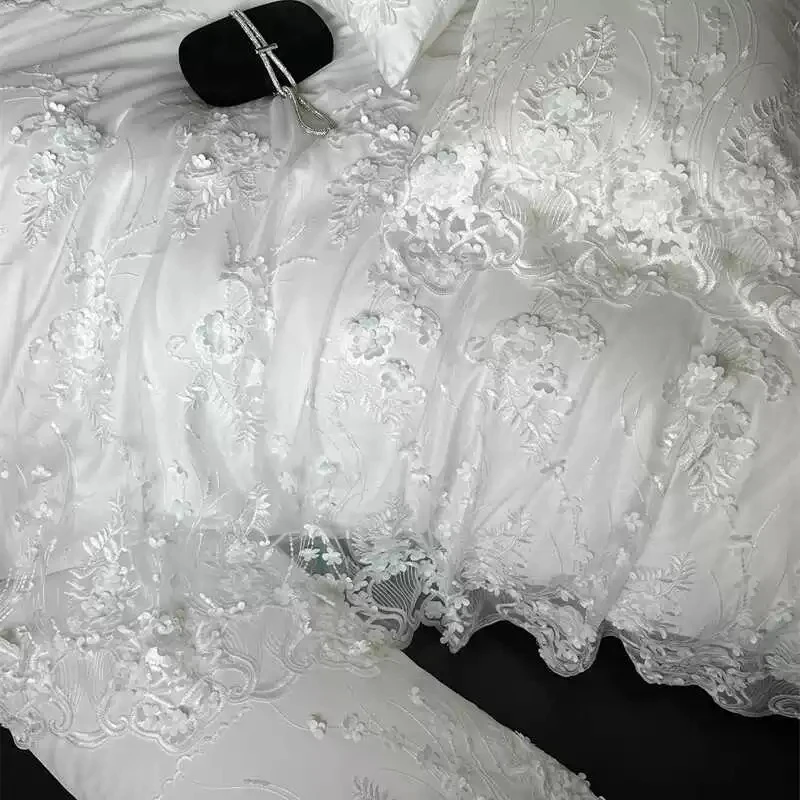 100 Count Long Cotton Four Piece Wedding Dress Wide Edge Handmade Three-dimensional Flower White Cotton Duvet Cover 2m Bedding