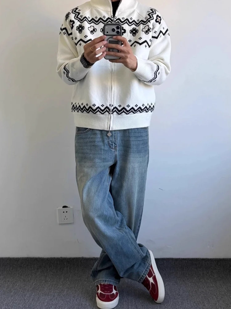 

Ретро американский открытый кардиган с лепестками Fair Isle, свободный мужской этнический свитер, ленивый топ, модный вязаный длинный свеч irt