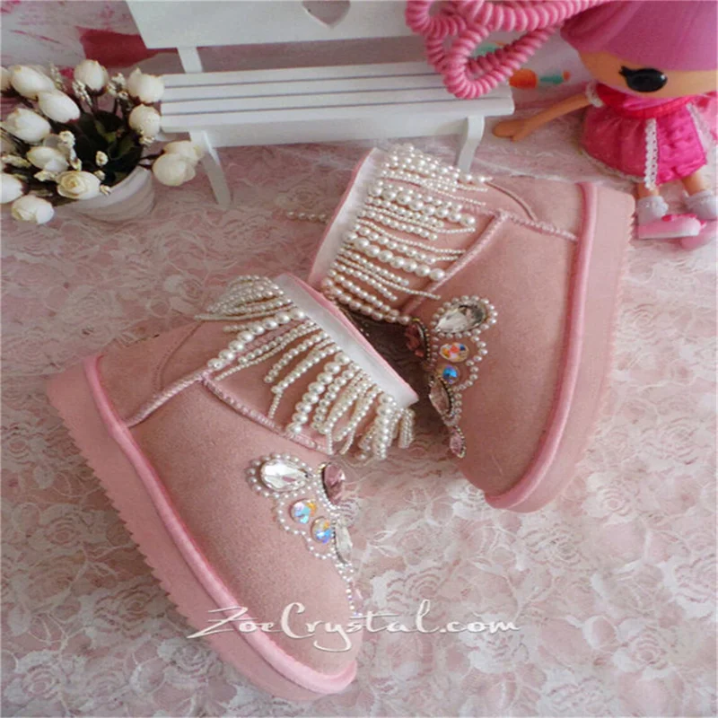 Pink pearl fringe custom luxury rhindiamonds fur one low tube women's large size leisure party snow boots 35-44