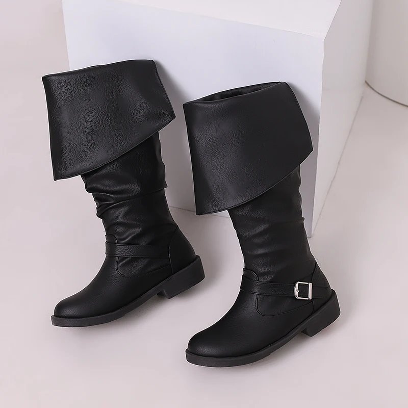 Plus Size Flat Bottomed Classic Vintage Women's Knightly Boots With Belt Buckle Pleated Thick Heels And Knee High Boots