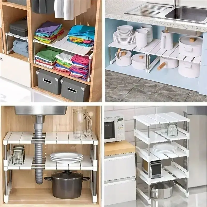 NEW HOT In Stock-Stackable Storage Rack Telescopic Design Layered Partition Closet Space Saving Clothes Organizer Shelves Sink H