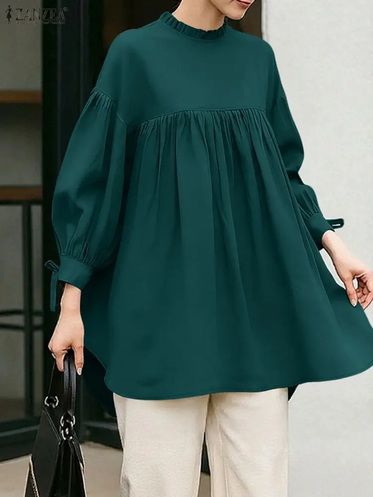 ZANZEA 패션 여성 긴팔 탑 2025 가을 블라우스 캐주얼 O넥 루즈 셔츠 여성 우아한 오피스 워크 블라우스 오버사이즈