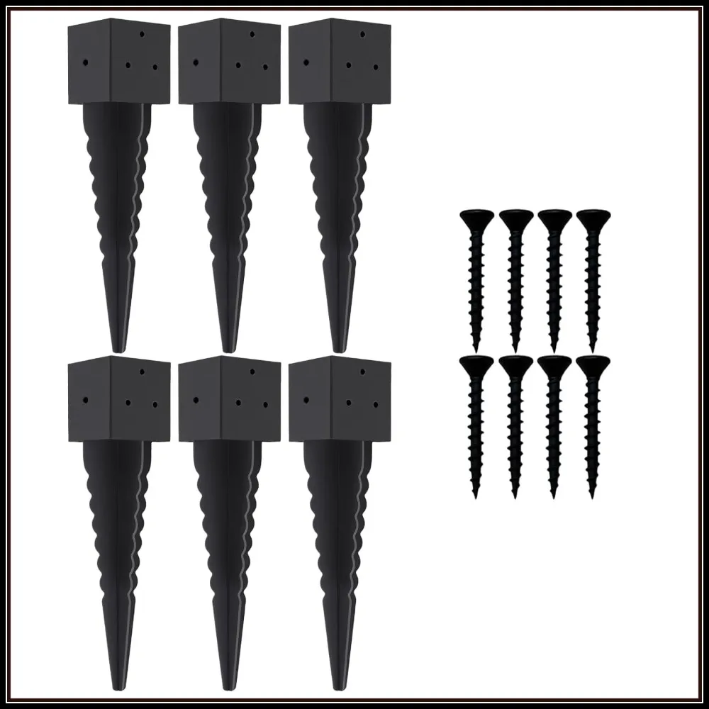 

6 Pack 4x4 Fence Post Anchor Ground Spike Heavy Duty 16in Metal Base Black Powder Coated