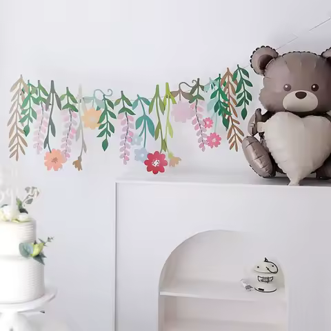 Vintage Long Leaves Flower Banner Hanging Funny Floral Leaf Paper Banner DIY Cartoon Flower Flag Summer Party