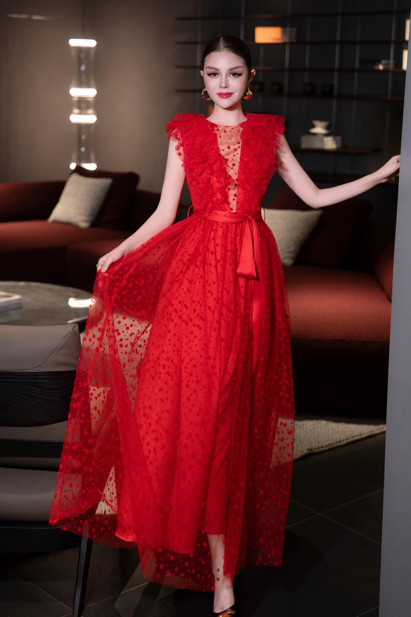 Meyyithun Red Embroidery Lace Dots Evening Dress for Women Long Tulle Flocking Birthday Party Vestido 1117M05