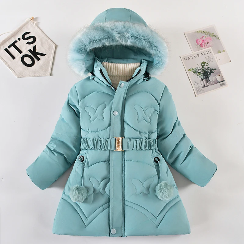 2024 Winter Big Size Girls Jacket Keep Warm Fur Collar Christmas Princess Coat Hooded Zipper Down Cotton Outwear 4 6 8 10 Years