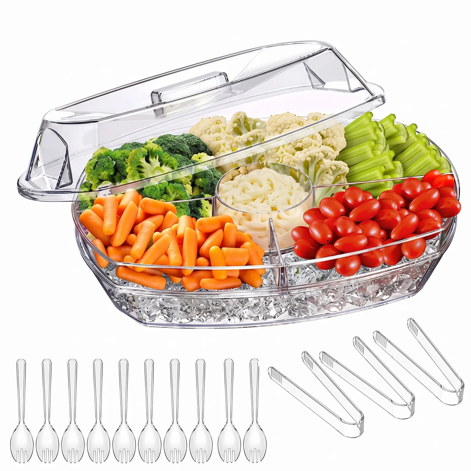 3-Tier Chilled Serving Tray with Ice Base – Divided Clear Plastic Platter for Party, Picnic, Salad, Appetizers, Fruit & Seafood – Includes Lid & Utensils