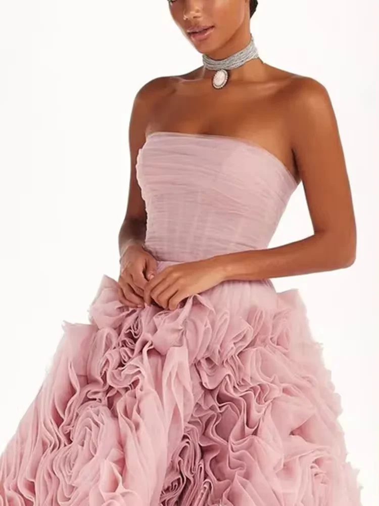 Luxury Tea-Length Celebrity Evening Dresses for Women Pink Tiered Birthday Party Prom Gowns Gala Special Events Dress 2024