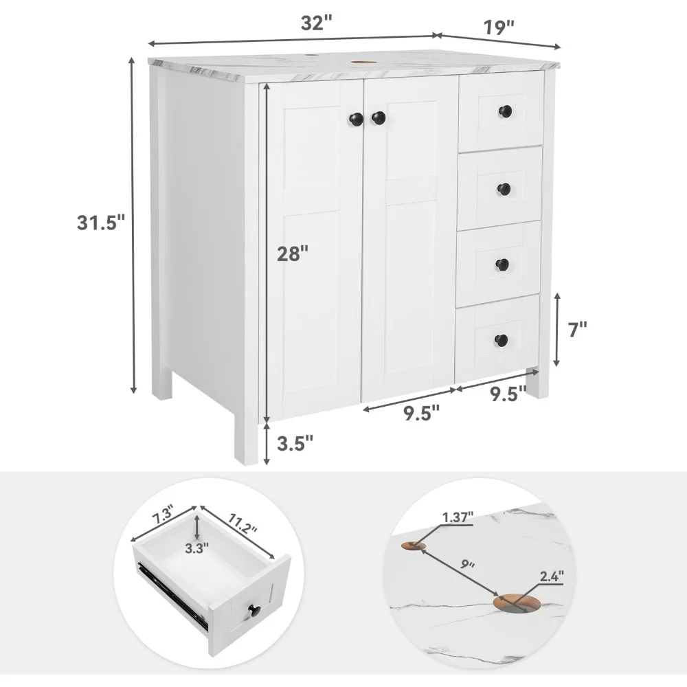 32-inch Bathroom Vanity Set, Single Bathroom Vanity with Marble Texture Top and 4 Drawers, Bathroom Vanity with Sink