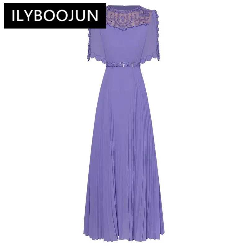 

ILYBOOJUN Fashion Designer Vintage Party Pleated Dress Women's O-Neck Embroidery Sequins Beading Sashes Violet Long Dress