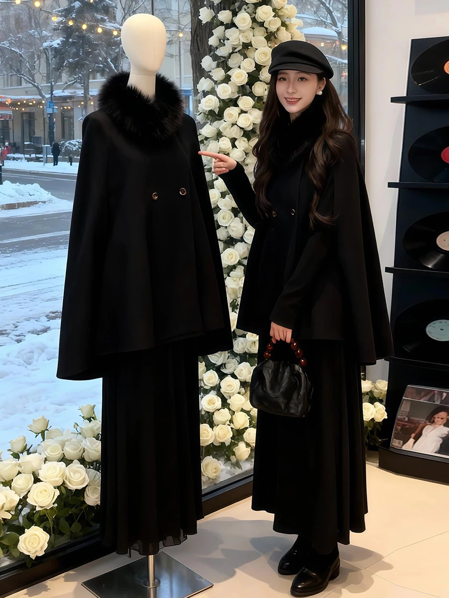 

Двустороннее шерстяное пальто с большим меховым воротником, черное, приталенное, женская верхняя одежда в корейском стиле, для повседневной носки