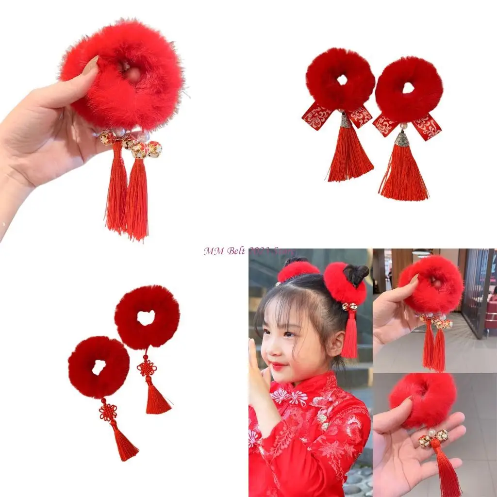 

49ME Children's hair accessories with red plush hair rings and bun shaped hair accessories