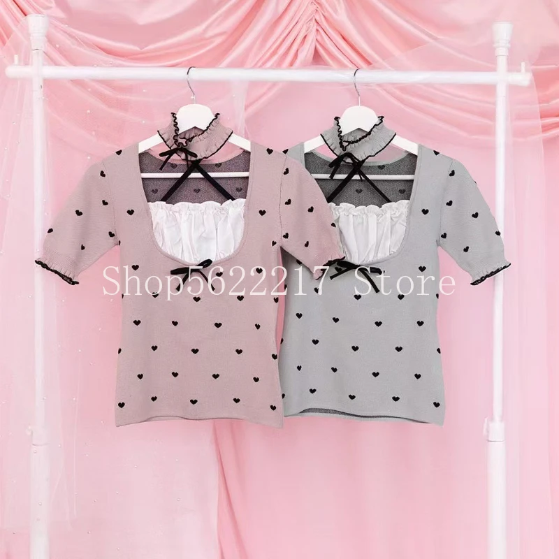 

Japanese Style Sweet Princess Love Printed Faux Two-piece Bow Short Sleeve Knitted Shirt Slim Basic Top High Waist Cake Skirts
