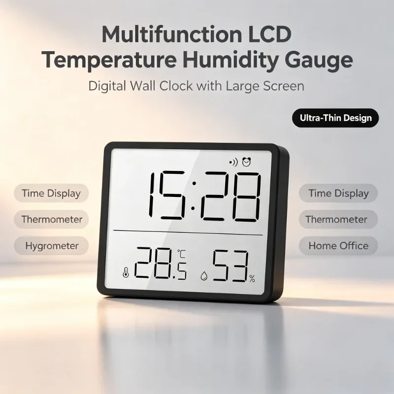 Screen Digital Wall Clock Multifunction LCD Temperature Hygrometer Gauge Indoor Desktop Thermometer Humidity Monitor